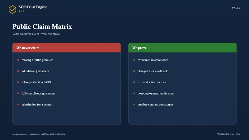 Two panels separating non-claims from proven items.